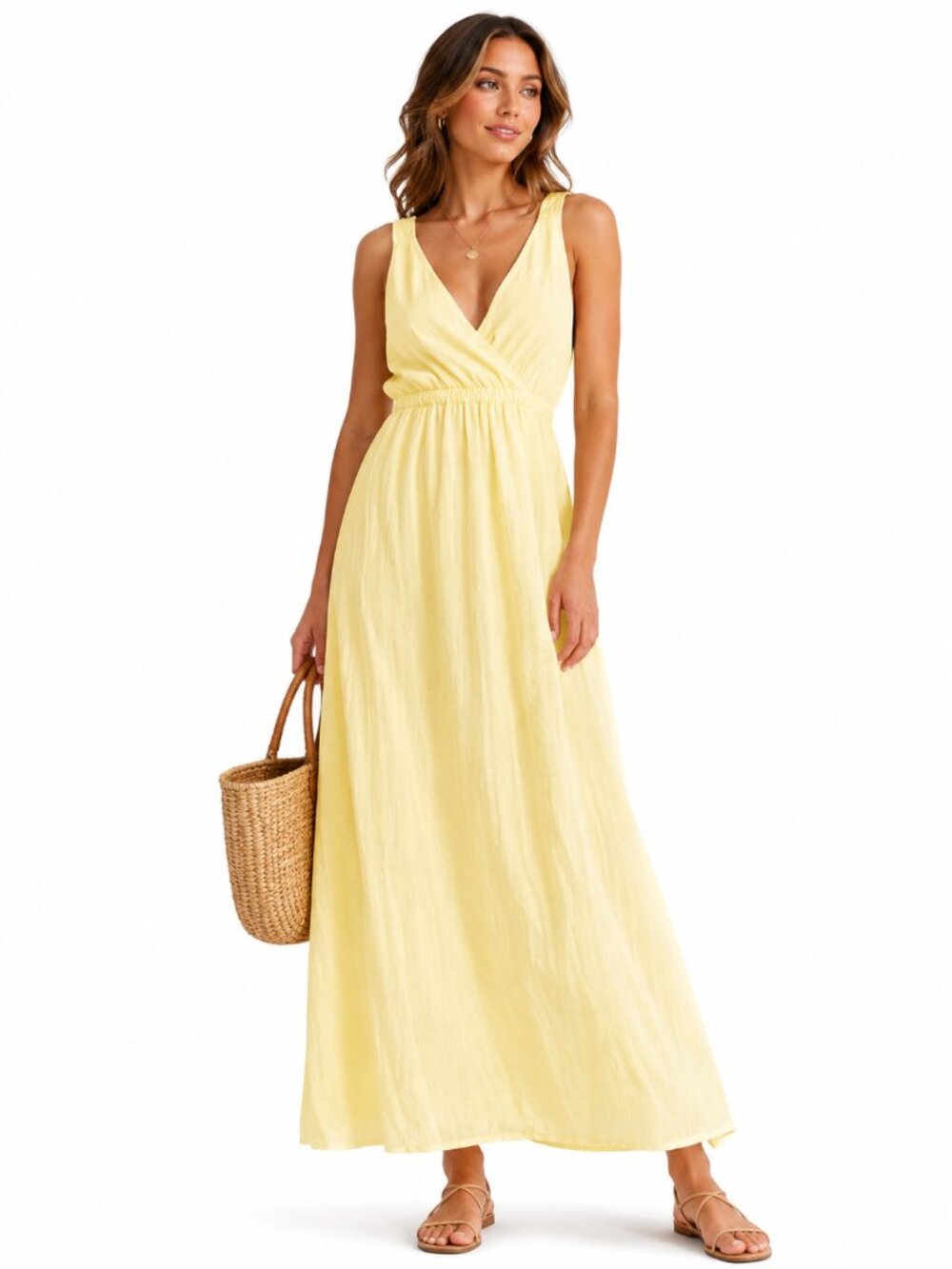 2/$30 NWT Universal Thread Buttercup Yellow Linen Blend Maxi Dress V Neck Sz L